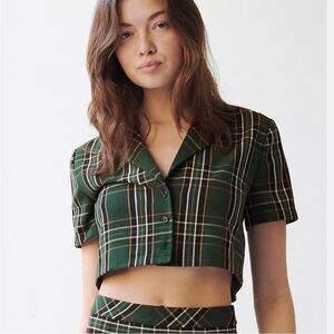Aritzia Sunday Best Forest Green Plaid Cropped Collar Top Size XS